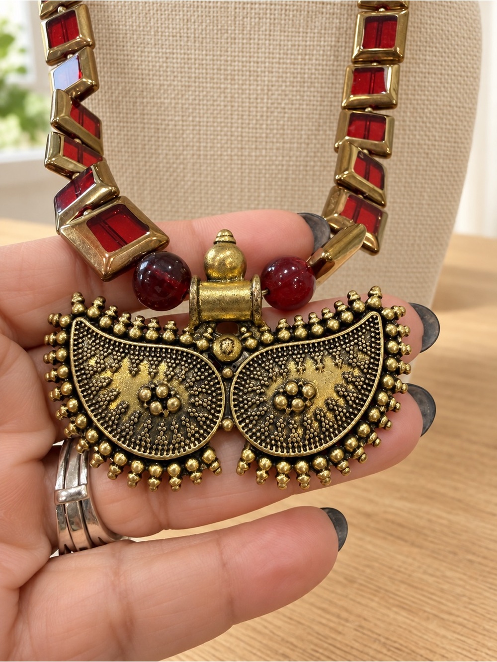 Antique Gold-Tone Statement Necklace with Red Accents
